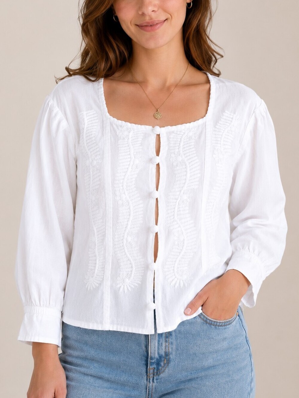Vintage Mexican White Linen Floral Embroidered Button-Front Blouse